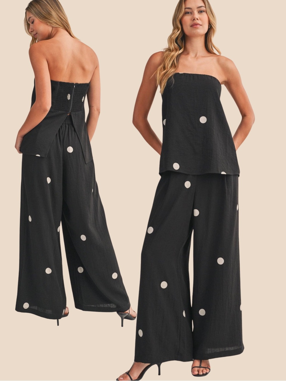 Timeless Contemporary Two-Piece Polka Dot Strapless Top & Wide Leg Palazzo Pant